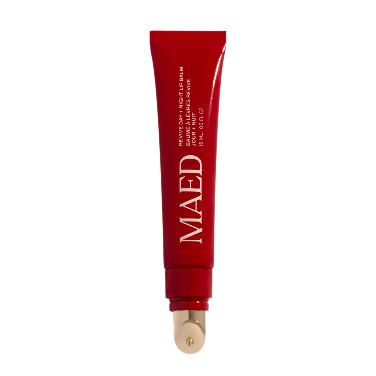 Revive Day and Night Lip Balm uncapped. red applicator tube with gold applicator tip
